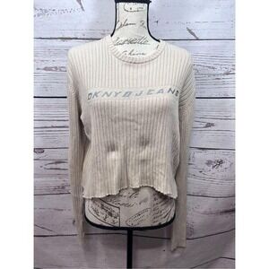 DKNY Jeans Cropped Ribbed Sweater Long Sleeve Crew Neck Beige‎ Size M
